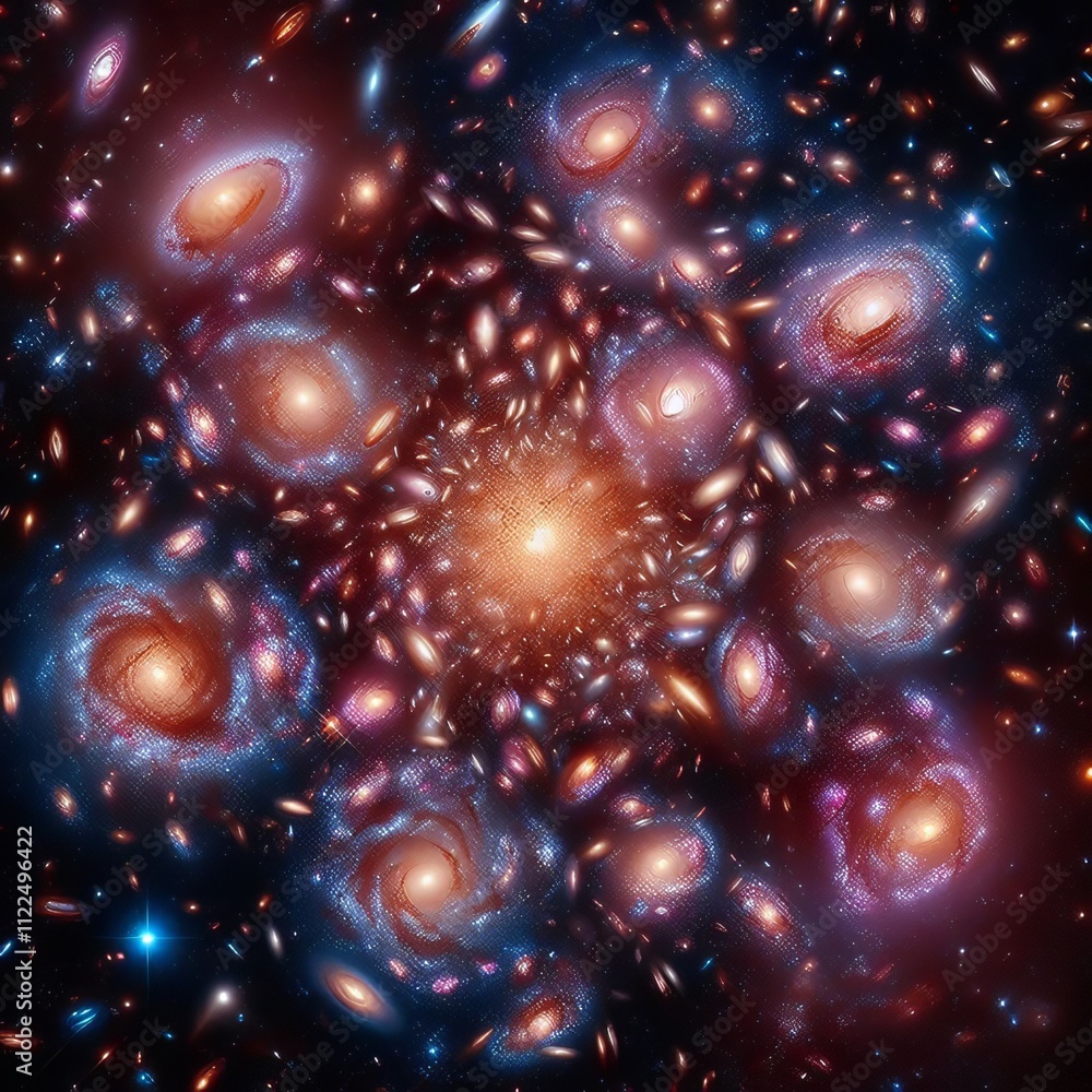 Poster galaxy cluster a dense overlapping pattern of galaxy shapes show