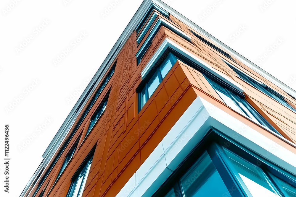 Poster a modern building with a unique angular design and vibrant color scheme.