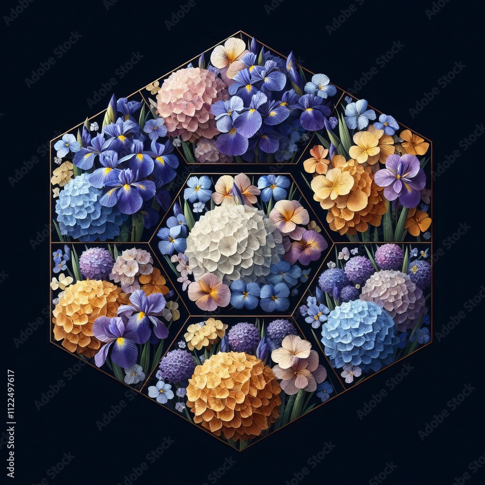 Poster heptagon and octagon with mixed irises and hydrangeas a combinat