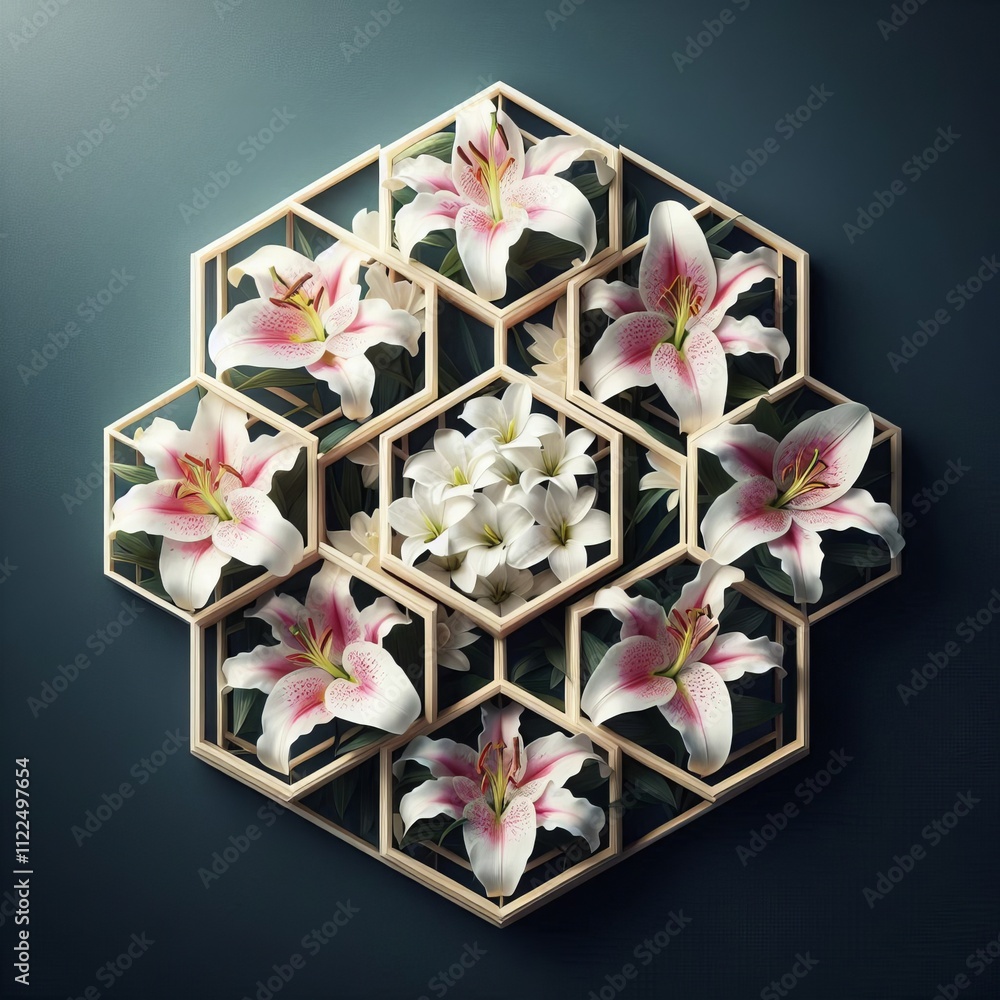 Aufkleber hexagon partition with lilies interlocking hexagons separate whi