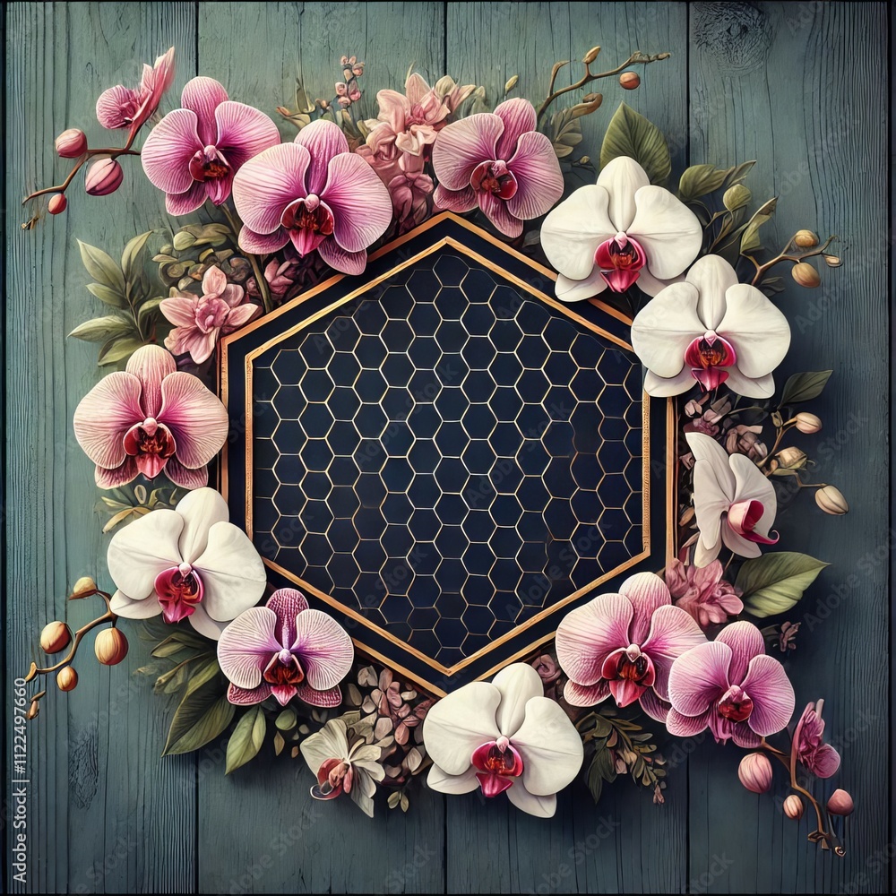 Aufkleber hexagon with floral border of orchids a hexagonal frame with a f