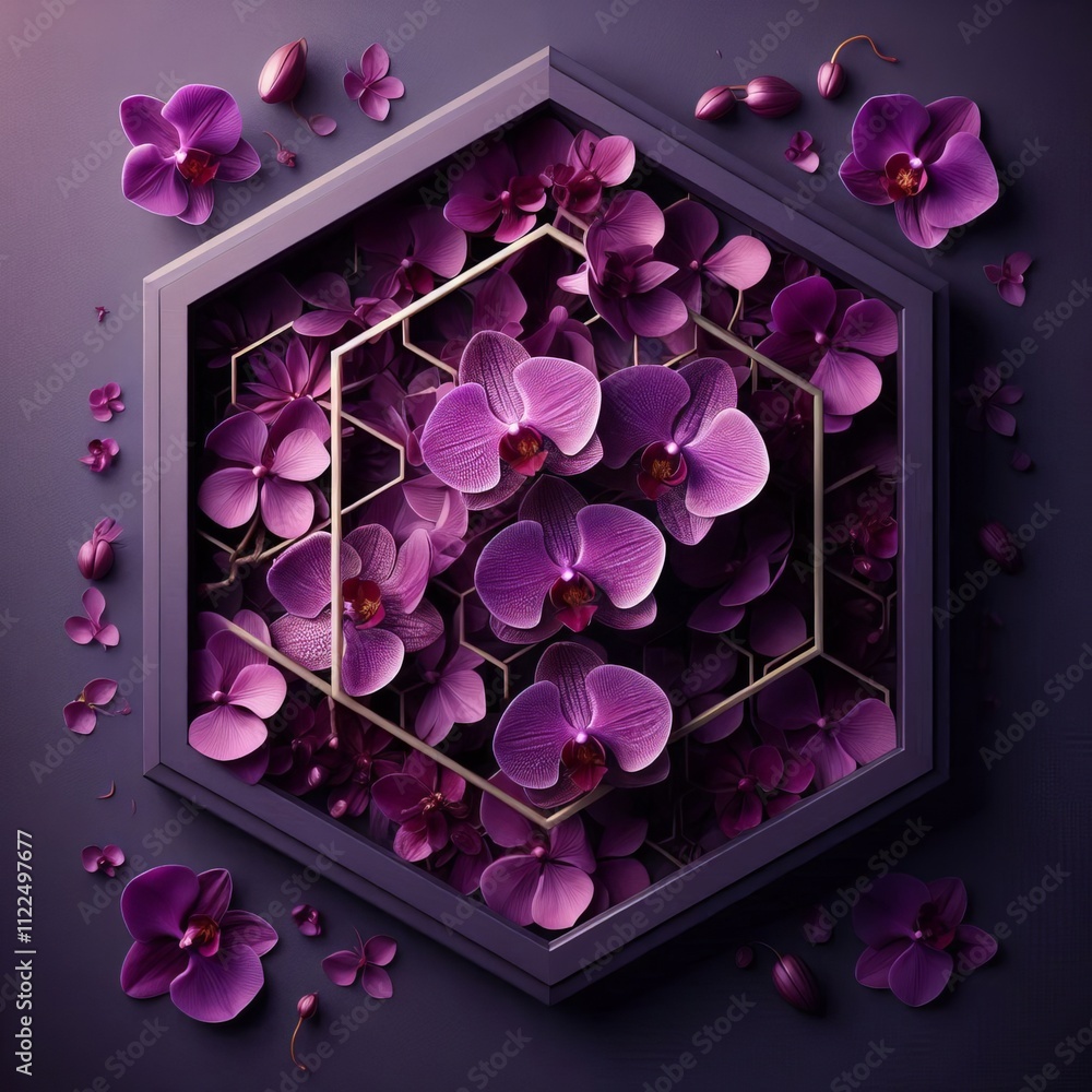 Poster hexagon with orchids in deep purple a hexagonal frame with deep