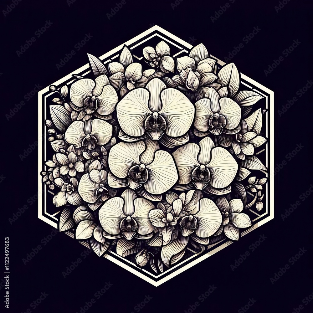 Poster hexagon with floral pattern of orchids a hexagonal frame with a