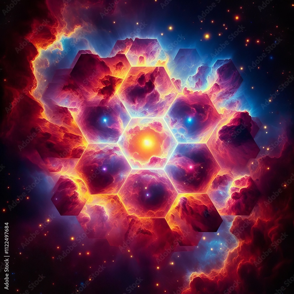 Poster hexagonal nebula a nebula made entirely of hexagons with vibrant
