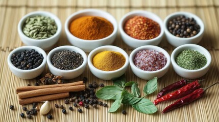 Various seasonings placed on bamboo slips