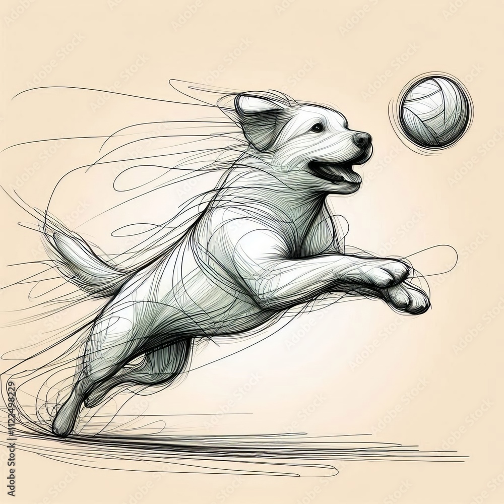 Poster illustrate a dog jumping to catch a ball with dynamic lines and