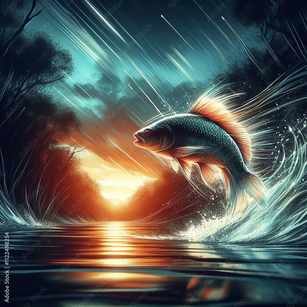Poster illustrate a fish jumping in a creek at dusk with dynamic lines