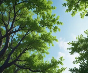 Fototapeta premium Leafy branches stretching towards the sky with shades of blue and green, colorful, natural, branching