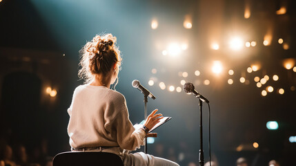 Female singer on stage in front of concert stage lights, back view