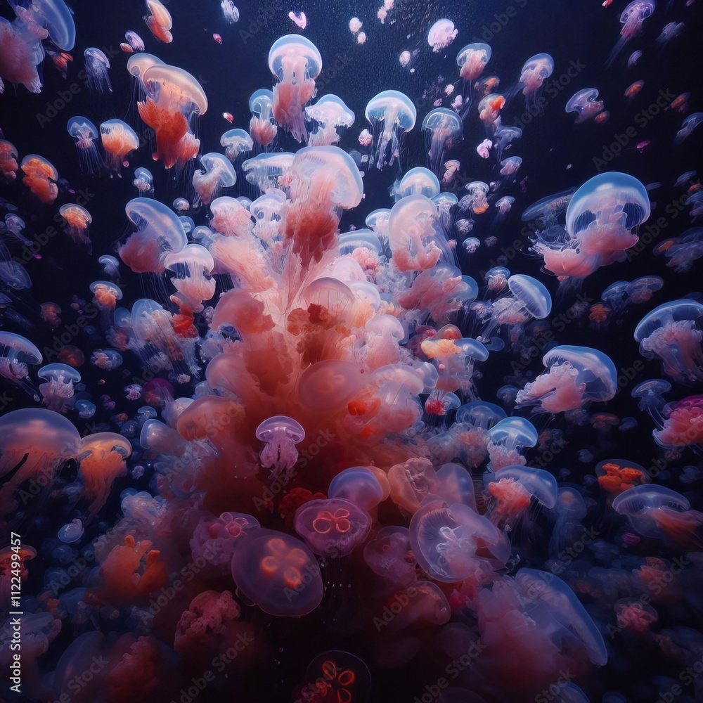 Poster jellyfish bloom a large aggregation of jellyfish pulsating throu