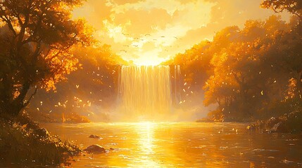 Fototapeta premium Golden Waterfall Sunset Landscape Painting