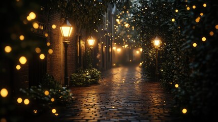 Old brick road illuminated by warm yellow streetlights, creating a cozy and historic feel