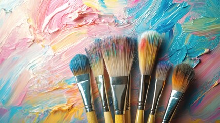 Oil painting brushes and applied oil paintings