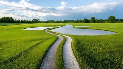 Fototapeta premium Serene Countryside Path with Ponds - Aerial Views