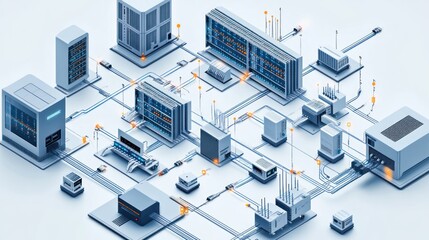 Obraz premium technical diagram showing a network architecture with routers, fiber optics, and server racks, illustrating the interconnectedness of telecommunication equipment
