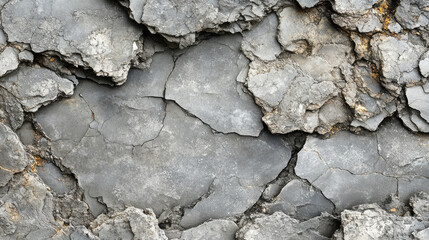 Fototapeta premium Cracked gray plaster wall with rough texture and uneven surface, showcasing natural wear and damage. image evokes sense of decay and neglect