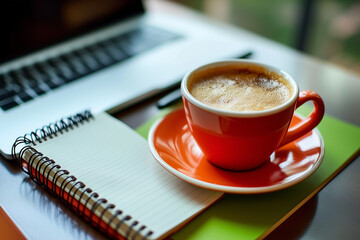 cup of coffee and notebook, minimalist desk with a cup of coffee, showing a productive remote work environment.