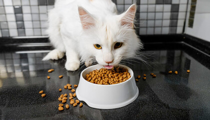 white Maine Coon cat is eating food, food falls on the dirty floor, an AI-powered design tool, and further refined to meet high-quality standards.