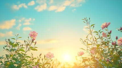 Pink Roses Sunset Sky Background  Spring Flowers Bloom