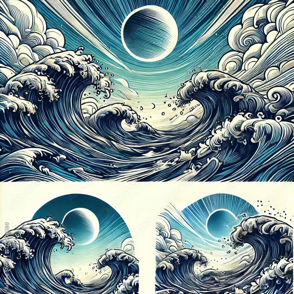 Poster ocean waves illustrate crashing waves on the shore using dynamic