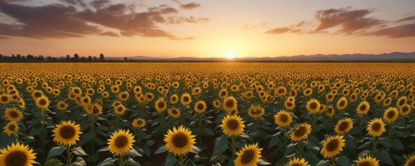 Obraz premium Large field of tall sunflowers stretching as far as the eye can see at sunset , landscape, field