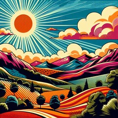 Pop Art Landscapes A retro illustration of a landscape complete