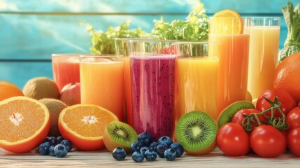 Fototapeta premium There are various fruits and drinks on the wooden table
