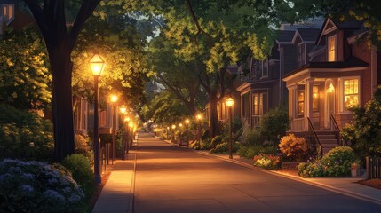 Obraz premium Quiet residential street lined with warm streetlights, adding a cozy glow to the neighborhood