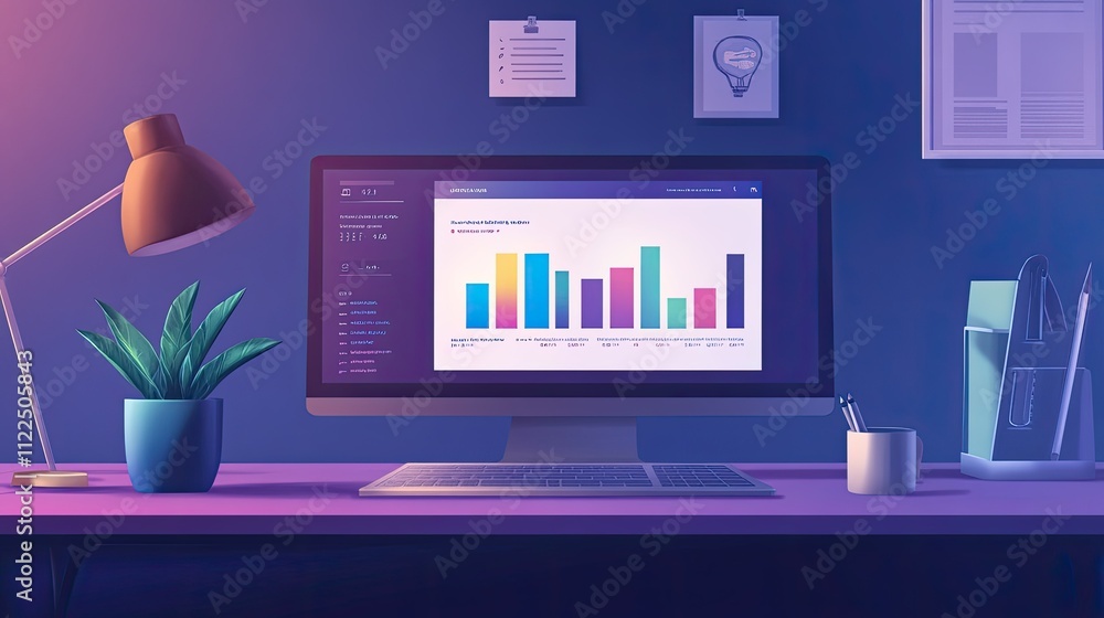 Poster modern workspace with computer displaying colorful graphs and charts