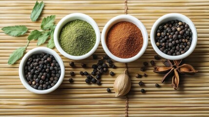 Various seasonings placed on bamboo slips
