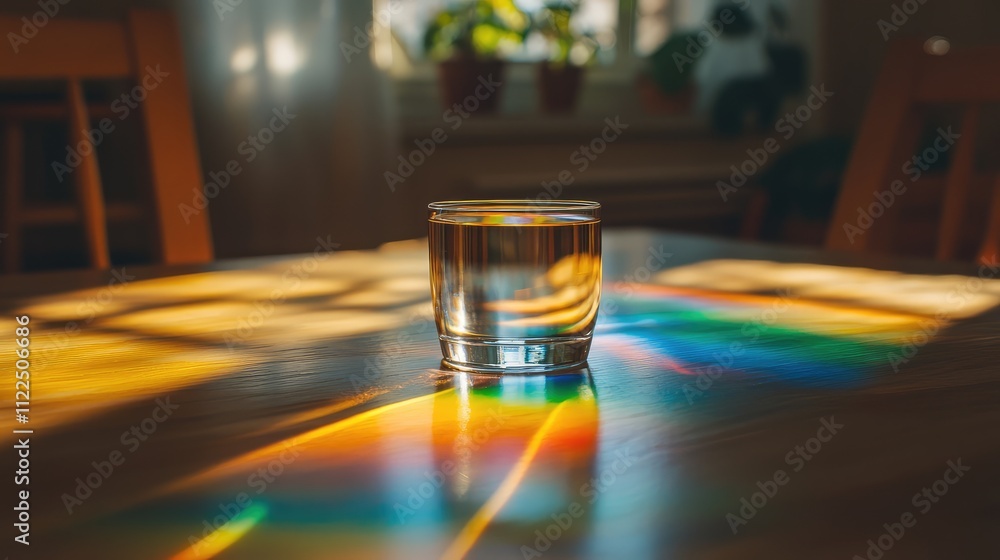 Aufkleber rainbow light effects from a small glass prism, creating artistic patterns on a table