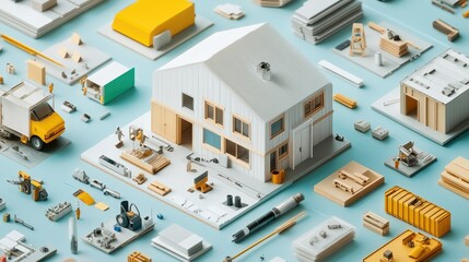 Obraz premium A colorful arrangement of construction tools and materials surrounding a model house.