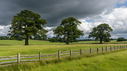 Fototapeta premium A serene landscape featuring lush green fields, towering trees, and a wooden fence under a cloudy sky, evoking tranquility and natural beauty