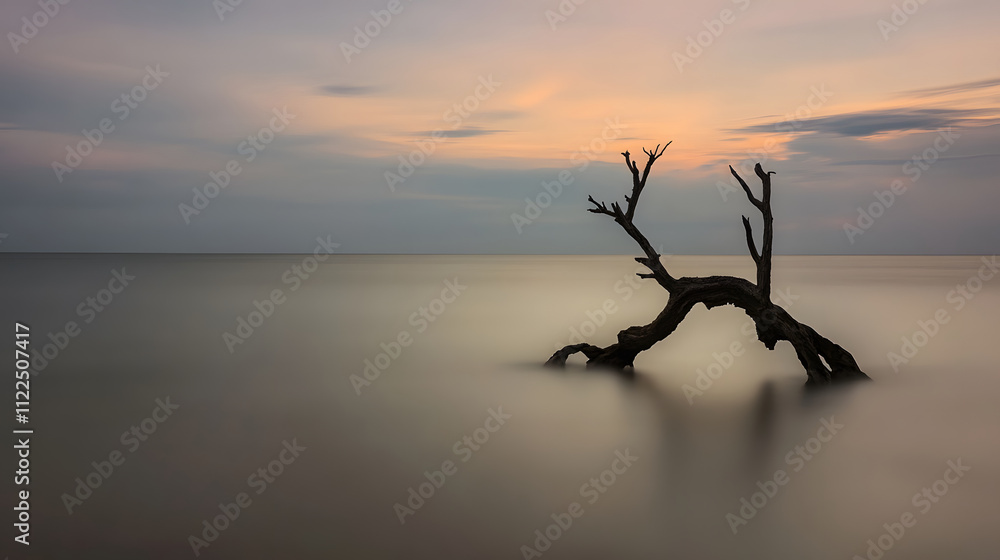 Poster a serene landscape featuring a lone, weathered tree trunk emerging from calm waters under a soft sun