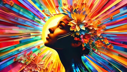 A woman's face is surrounded by a burst of colorful flowers, radiating outward like rays of light. The artwork combines elements of portraiture and abstract floral design.