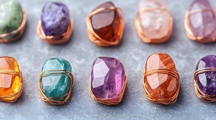 Enchanting Display of Wrapped Gemstones Showcasing Their Unique Colors and Intricate Designs. Handmade, Jewelry, Creativity Concept