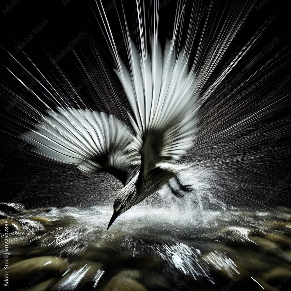 Poster show a bird diving into a creek at night with sharp lines and bl