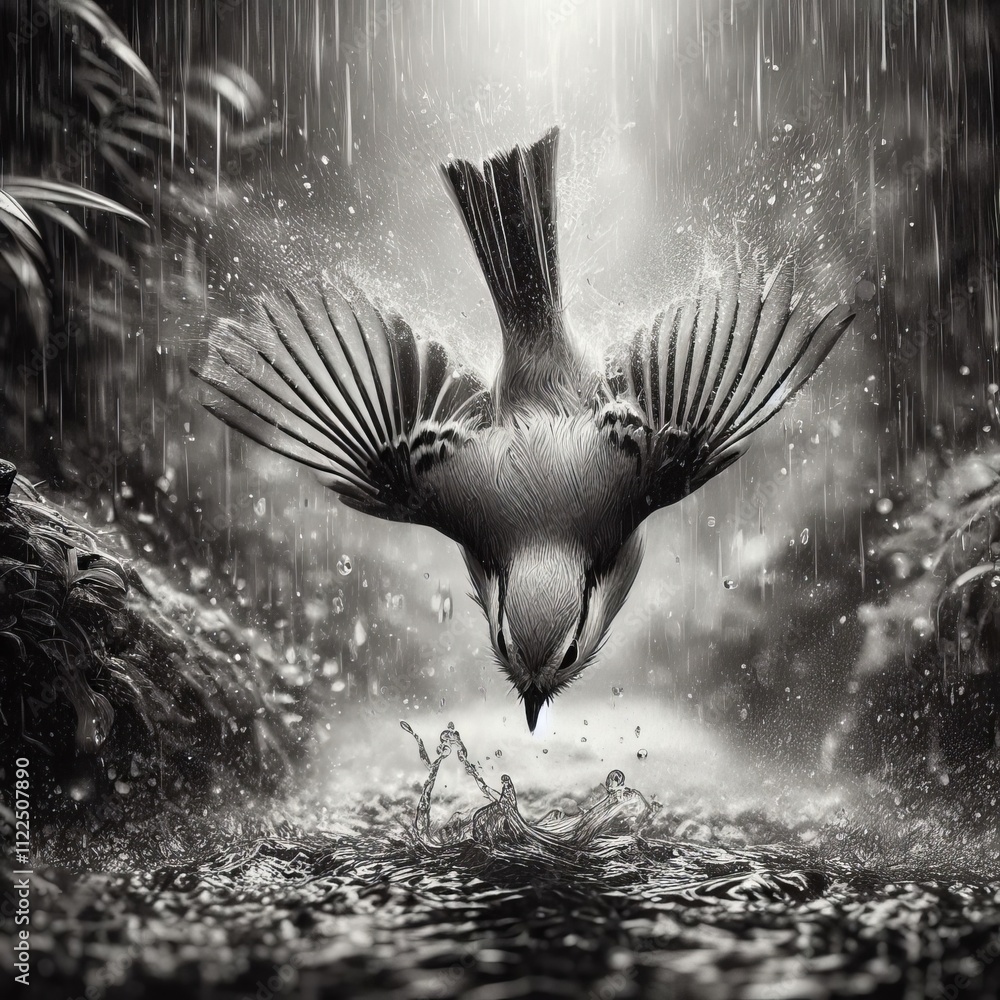 Aufkleber show a bird diving into a creek in the rain with sharp lines and