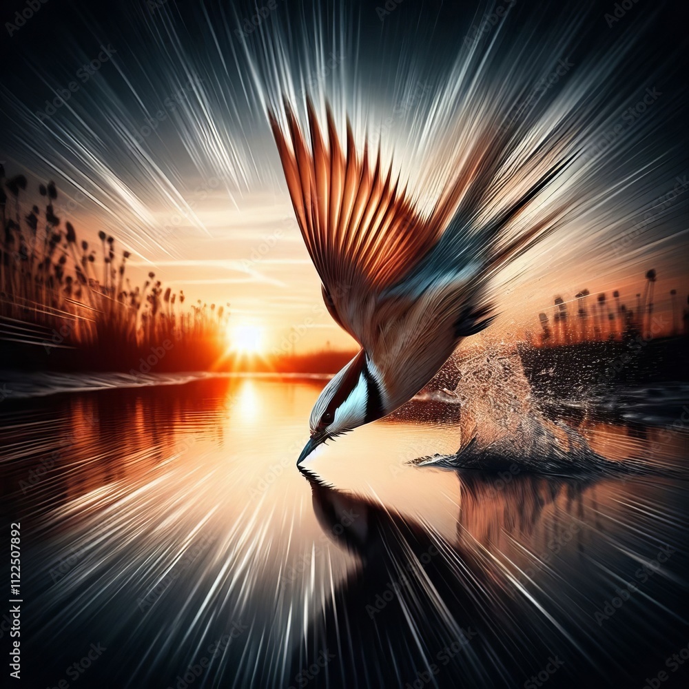 Aufkleber show a bird diving into a creek with a sunset with sharp lines a