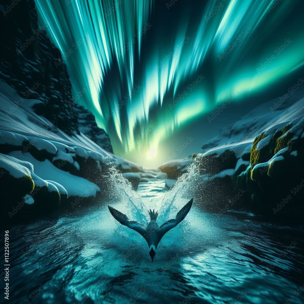 Poster show a bird diving into a creek with aurora borealis with sharp