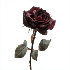 Single red rose with a tall stem, isolated on a white background