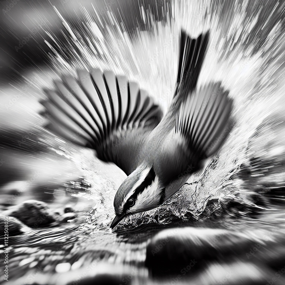 Aufkleber show a bird diving into a creek with sharp lines and blurred edg