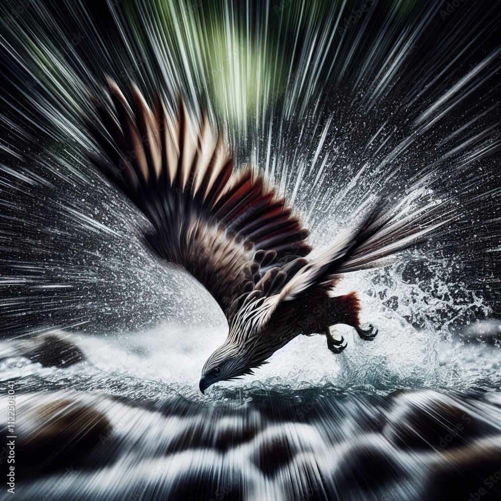 Poster show a bird diving into a river with sharp lines and blurred edg