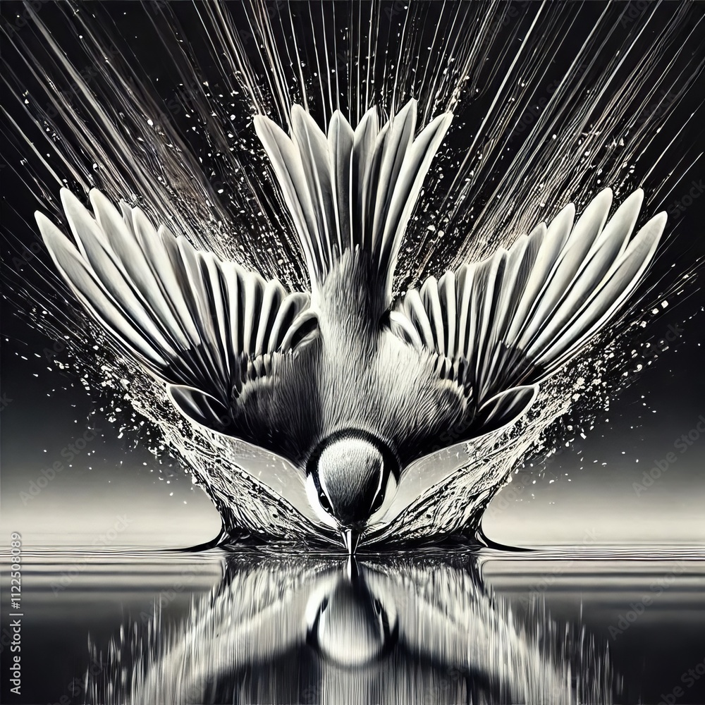 Poster show a bird diving into water with sharp lines and blurred edges
