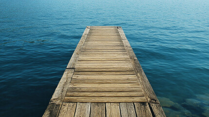 Fototapeta premium Wooden pier extending over calm blue water at a tranquil lakeside