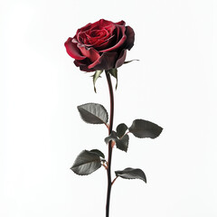 Fototapeta premium Single red rose with a tall stem, isolated on a white background
