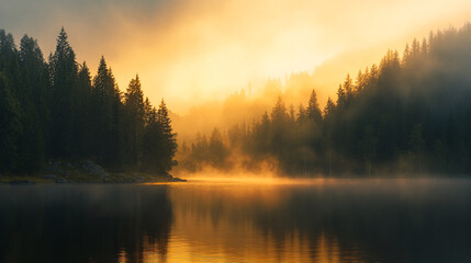Obraz premium Misty sunrise over a tranquil lake surrounded by dense evergreen forests