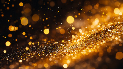 Naklejka premium An elegant abstract design featuring detailed gold glitter particles flowing, creating a magical shimmering luxury background for festive occasions.
