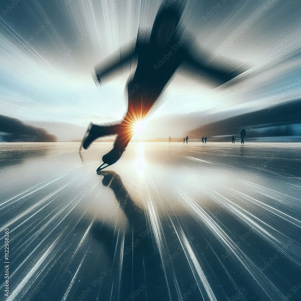 Aufkleber show a person ice skating in a lake with dynamic lines and blurr