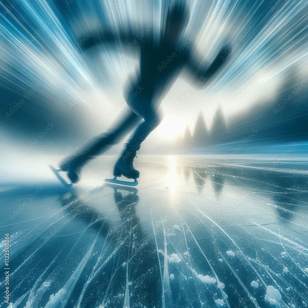 Poster show a person ice skating in a frozen lake with dynamic lines an